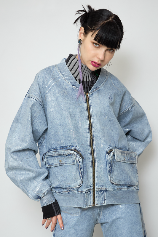 Foil print denim blouson