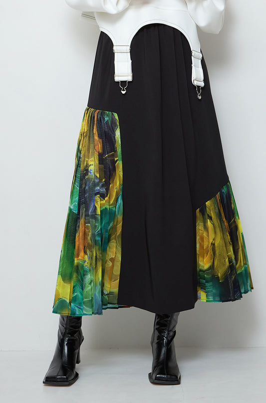 Marble Paint Asymmetry Pleated Skirt