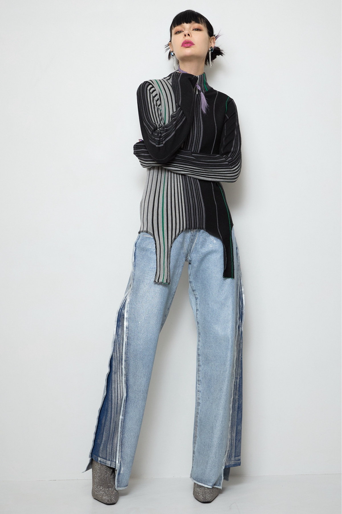 Irregular hem multicolor rib knit