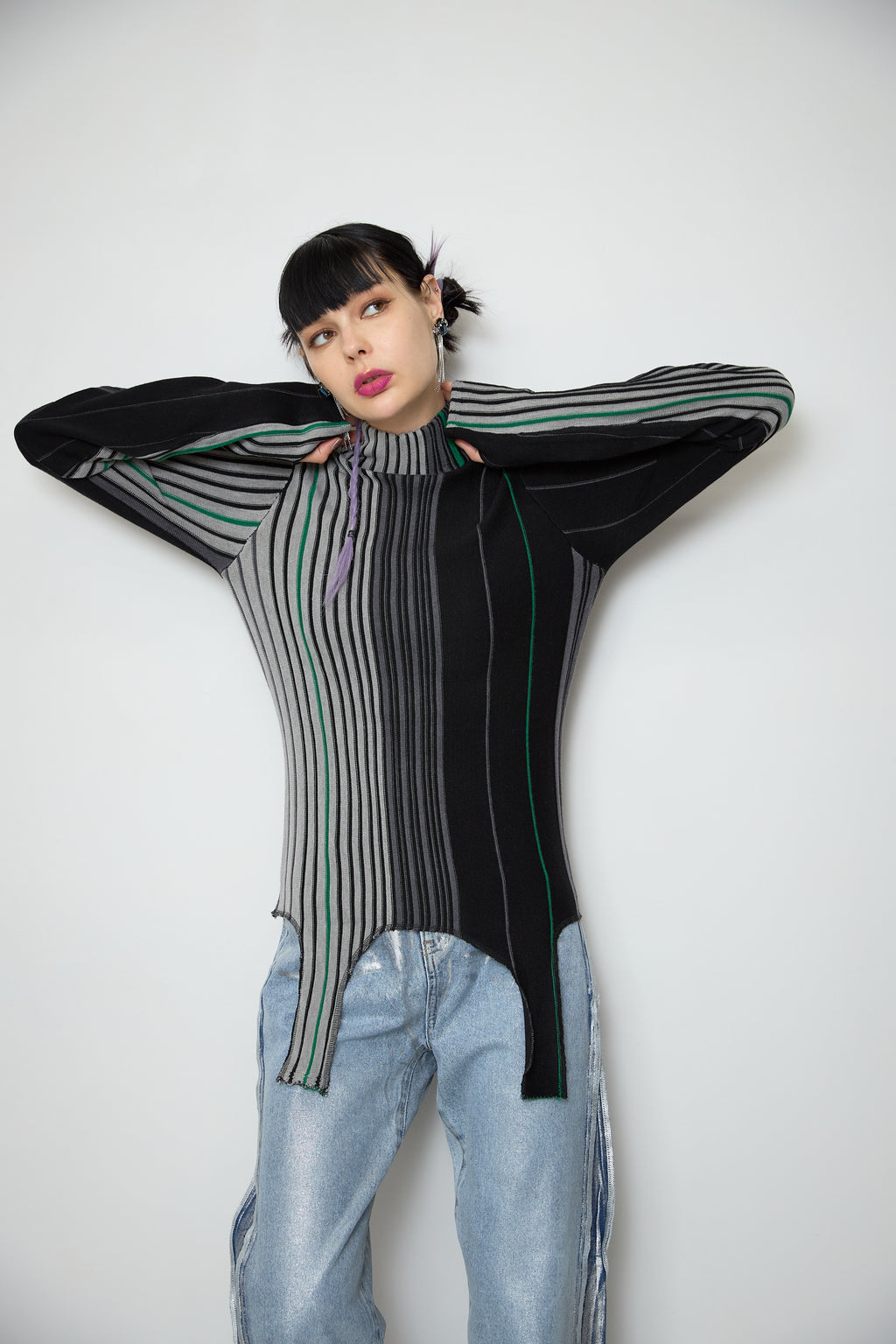 Irregular hem multicolor rib knit