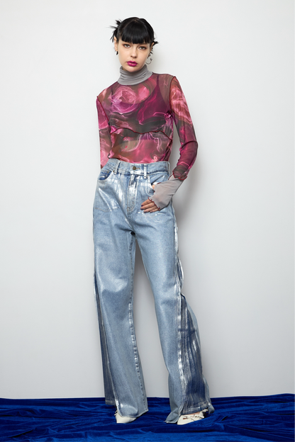 【OUTLET】Foil print flare denim