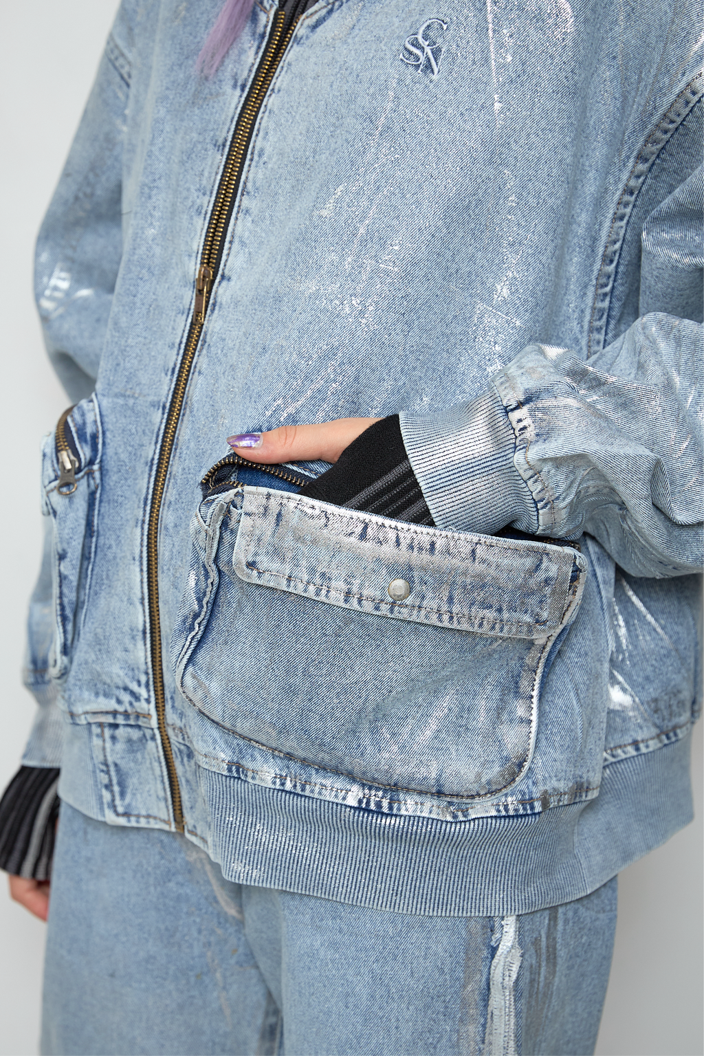 Foil print denim blouson