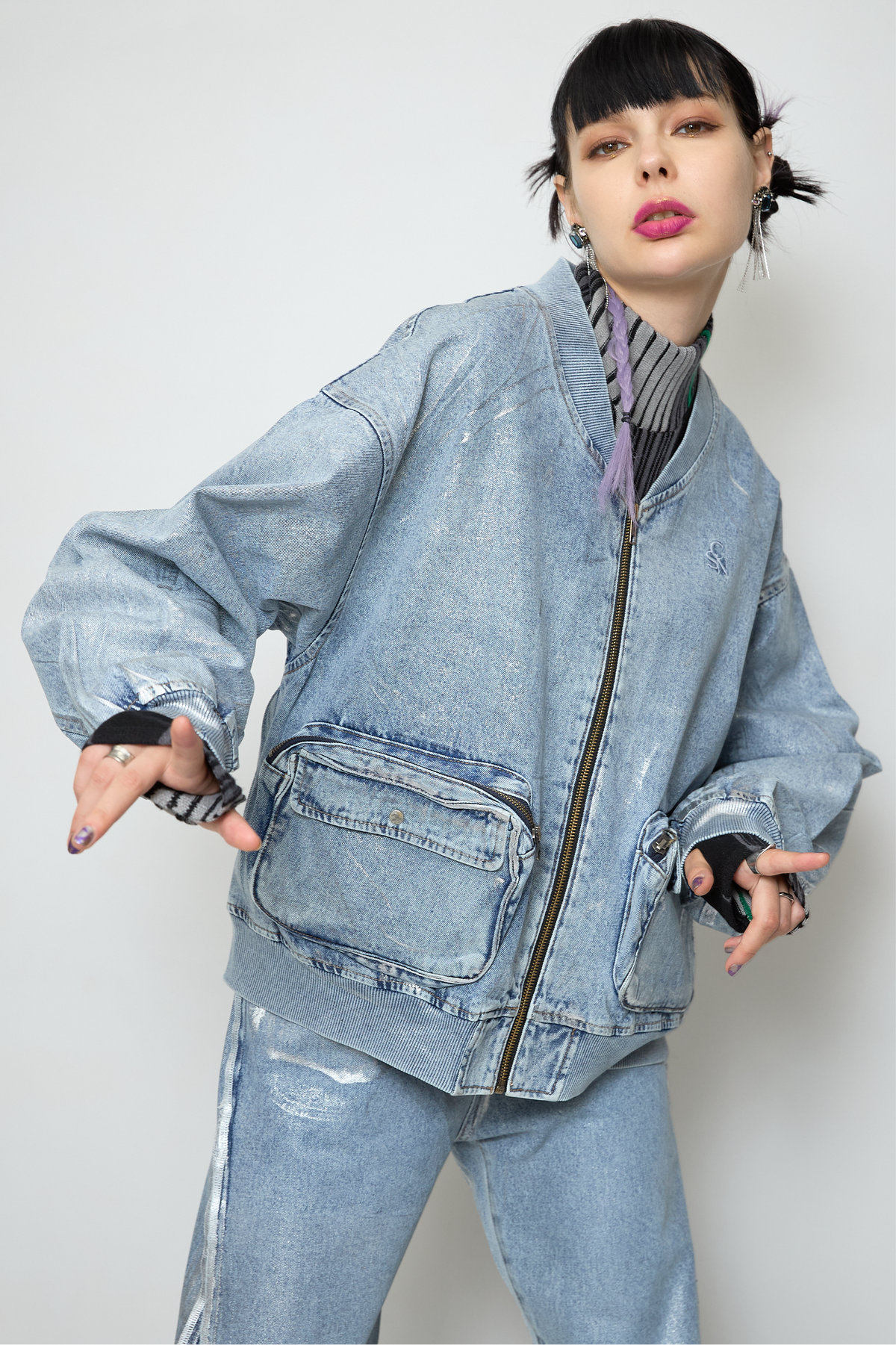 Foil print denim blouson