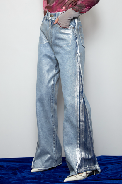 【OUTLET】Foil print flare denim