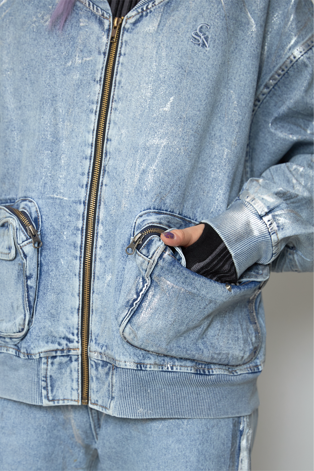 Foil print denim blouson